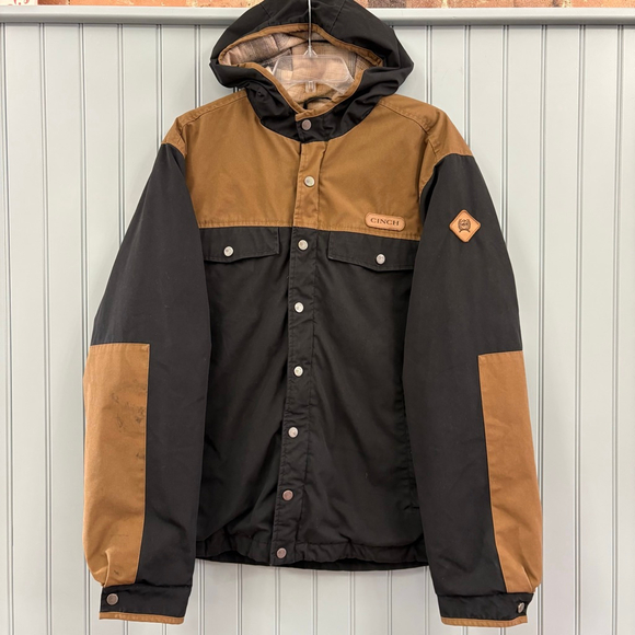 Cinch Hooded Jacket M Black Brown Plaid Lined Barn Coat